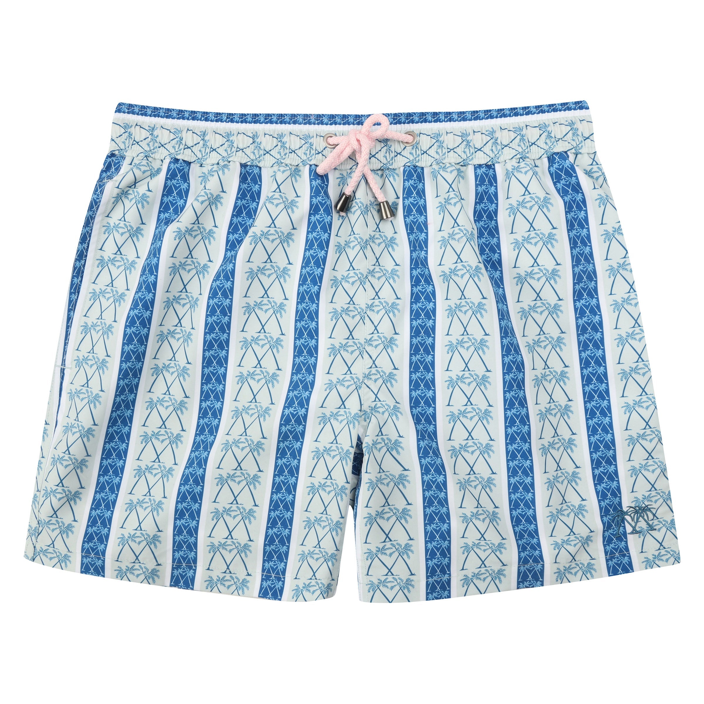 Mens quick dry swim shorts  in NAVY PALM STRIPE print by Lotty B Mustique for The Pink House