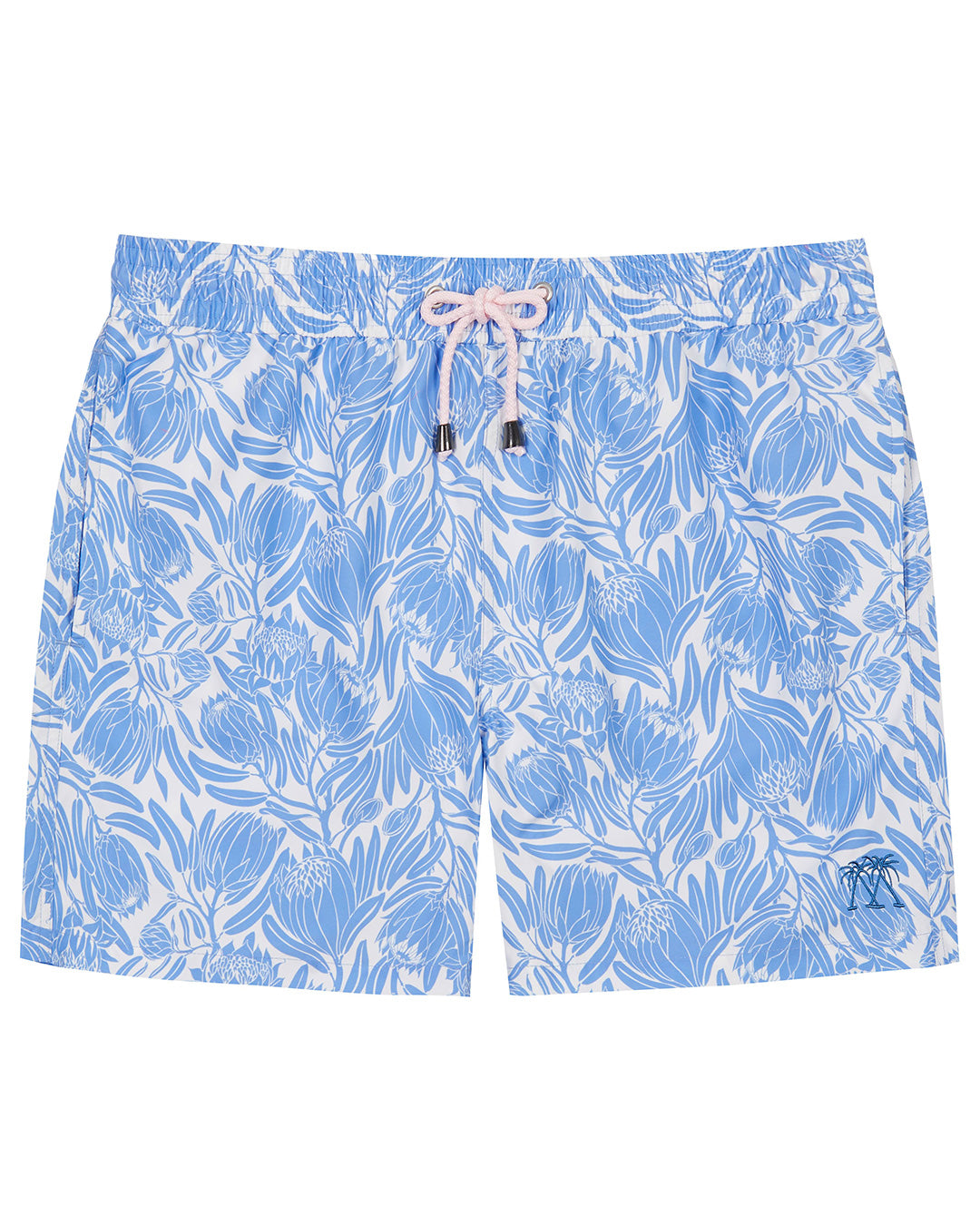 Mens swim shorts recycled fabric in floral protea blue and white print