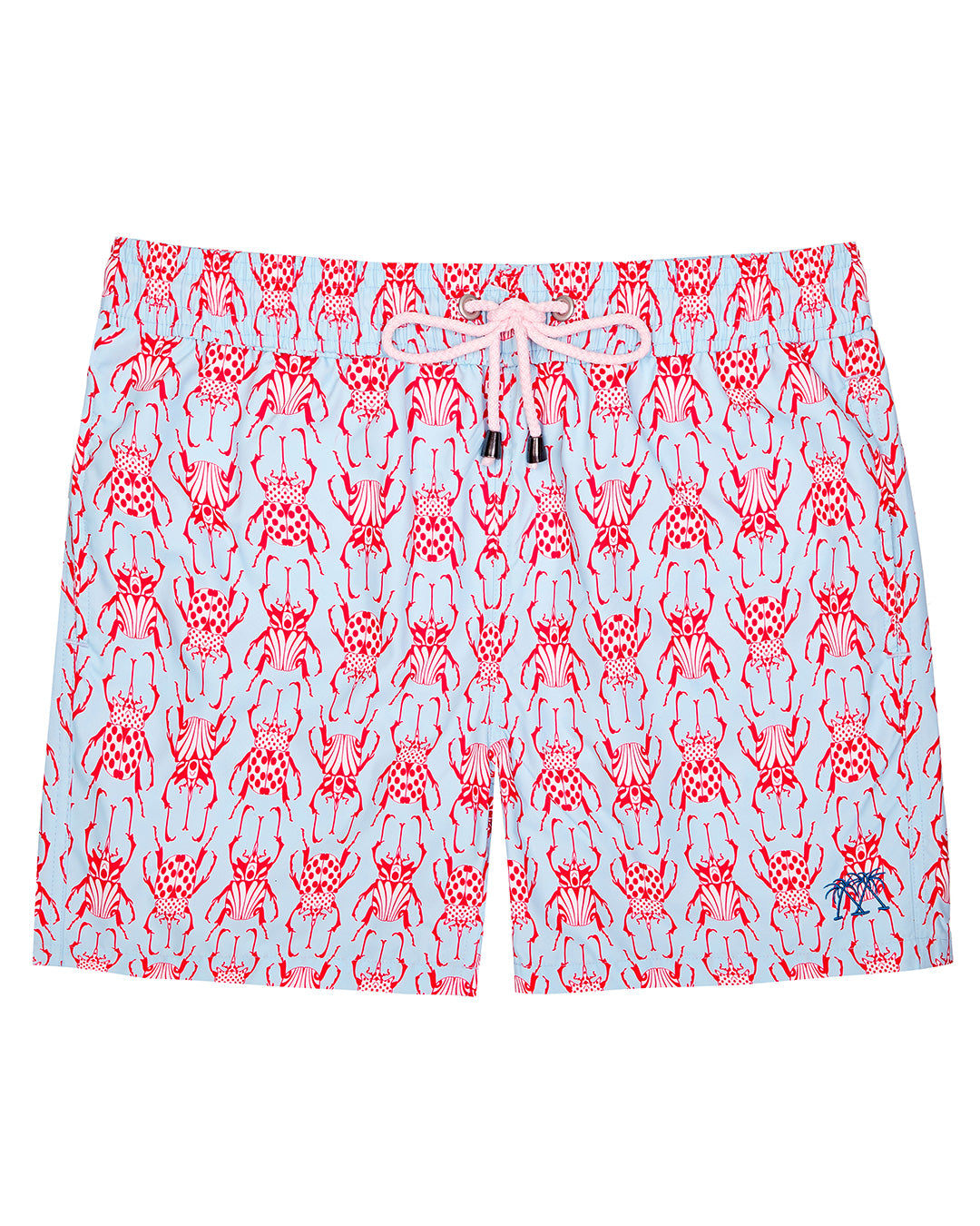 Men's swim shorts in red and pale blue Beetle print by Lotty B for Pink House