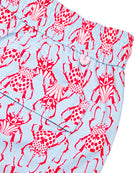 Back pocket and waistband detail for kids swim shorts in red and pale blue Beetle print by Lotty B for Pink House