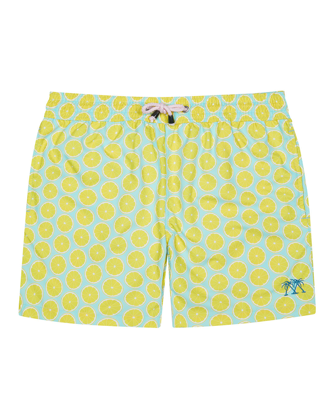 Men's recycled fabric pale blue swim shorts with bright yellow Lime Slice print by Lotty B for Pink House