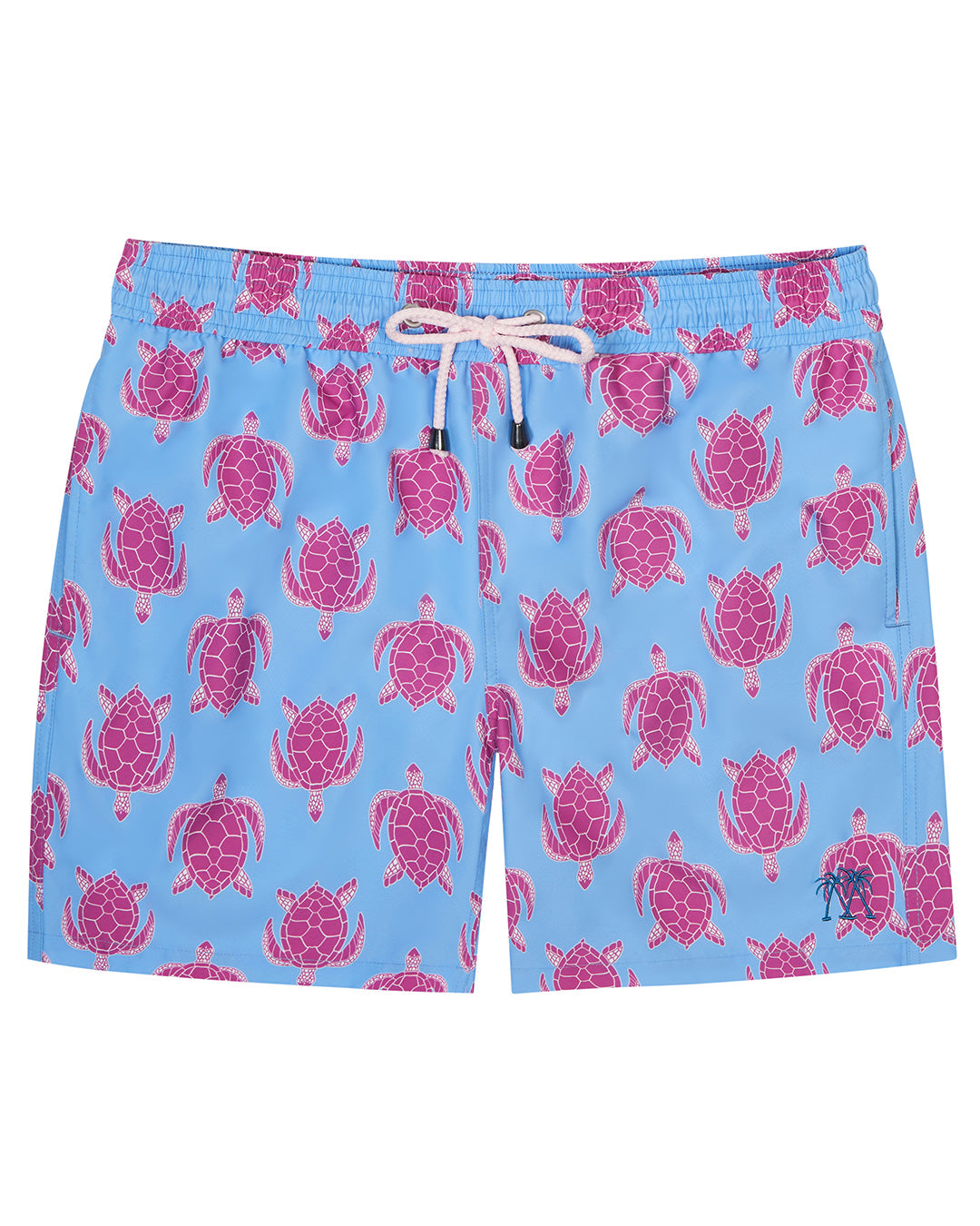 Men's blue and pink Turtle swim shorts in repreve recycled polyester mix by Lotty B for Pink House