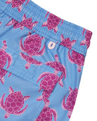 Back pocket detail of men's blue and pink Turtle swim shorts in repreve recycled polyester mix by Lotty B for Pink House