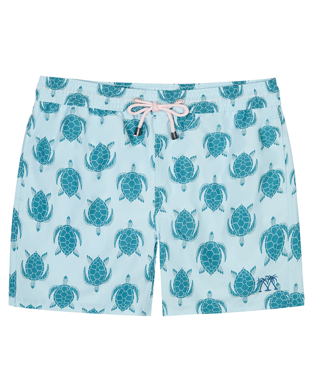 Mens Turtle turquoise swim shorts in repreve recycled polyester mix by Lotty B for Pink House