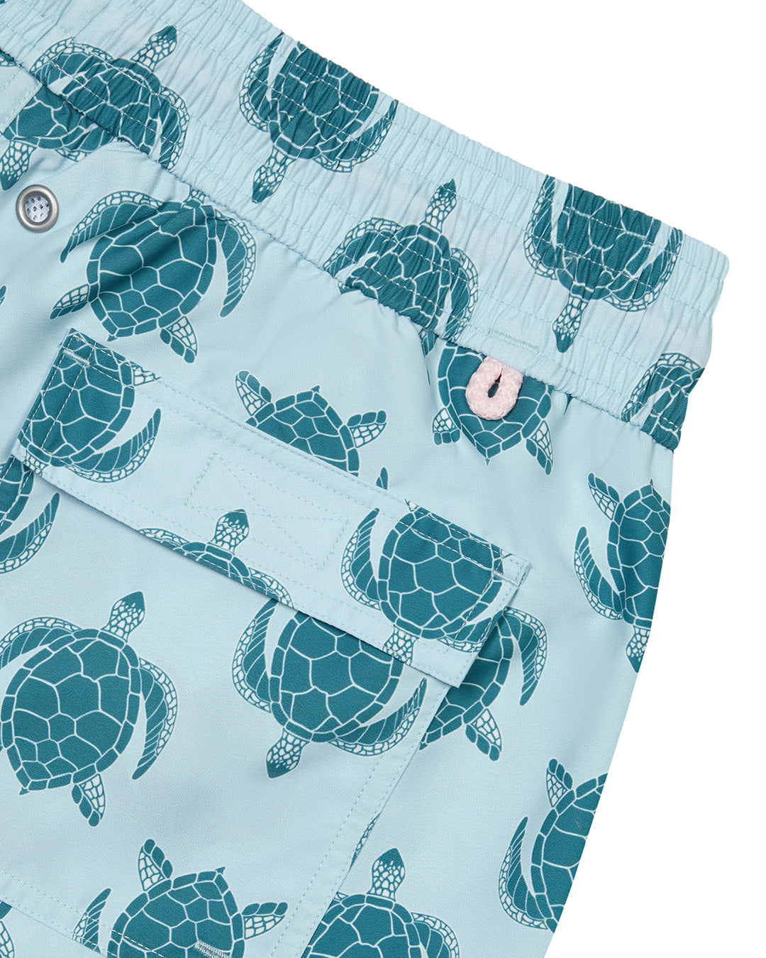 Back pocket detail of mens Turtle turquoise swim shorts in repreve recycled polyester mix by Lotty B for Pink House