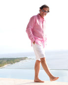 Fuchsia pink mens linen vacation shirt