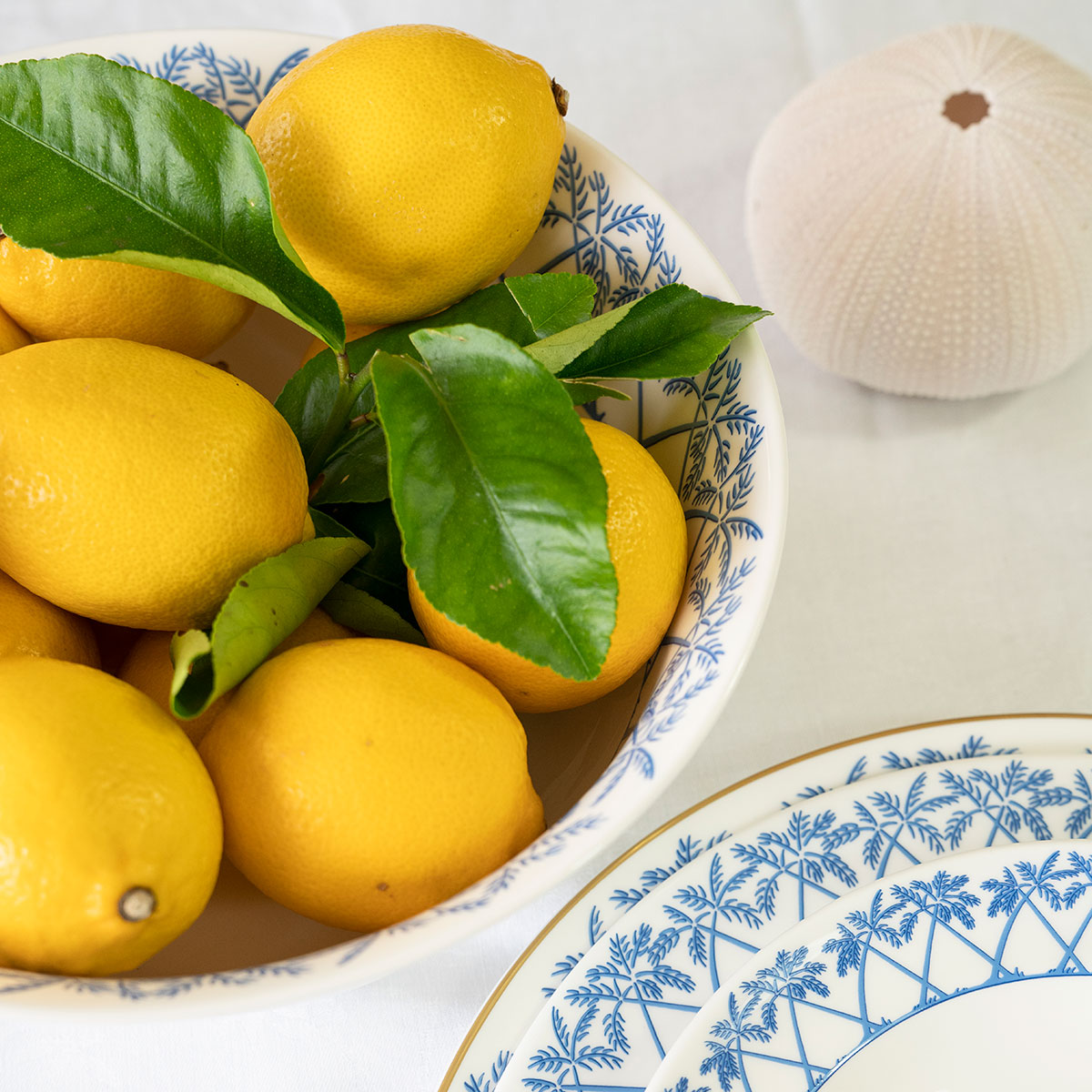 Summer table setting with fine bone china large serving bowl in blue Palms design by Lotty B