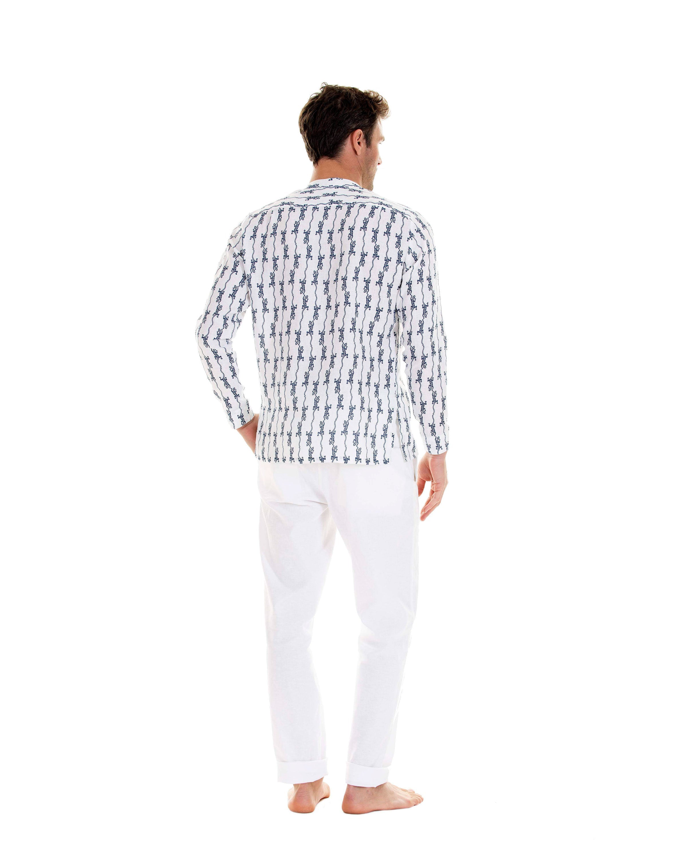 Mens Collarless Linen Shirt: GECKO - NAVY back, designer Lotty B for Pink House Mustique Mens Resort wear