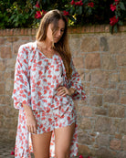 Slide out of bed and don't bother dressing for breakfast in Pink House crepe de Chine silk pale blue and orange Flamboyant Flower print robe, top and shorts set by designer Lotty B for Pink House