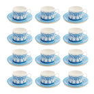 Fine bone china coffee cup and saucer set for 12 place settings (24 pieces) in Palms blue design by Lotty B