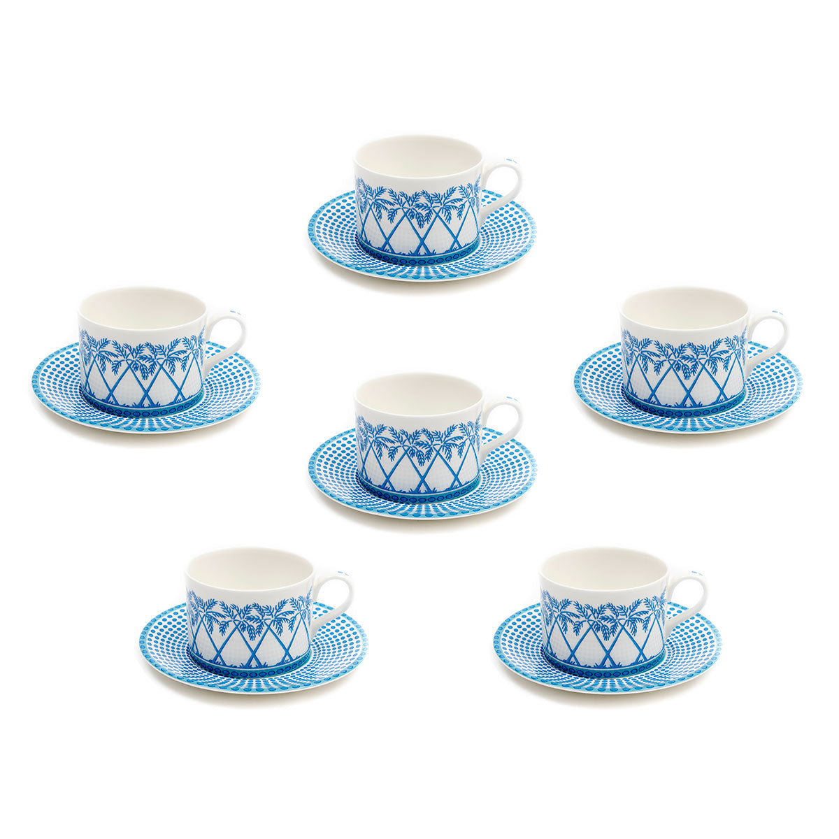 Fine bone china coffee cup and saucer set for 6 place settings (12 pieces) in Palms blue design by Lotty B