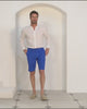 Mens resort vacation dazzling blue linen shorts in comfort stretch blend by Pink House