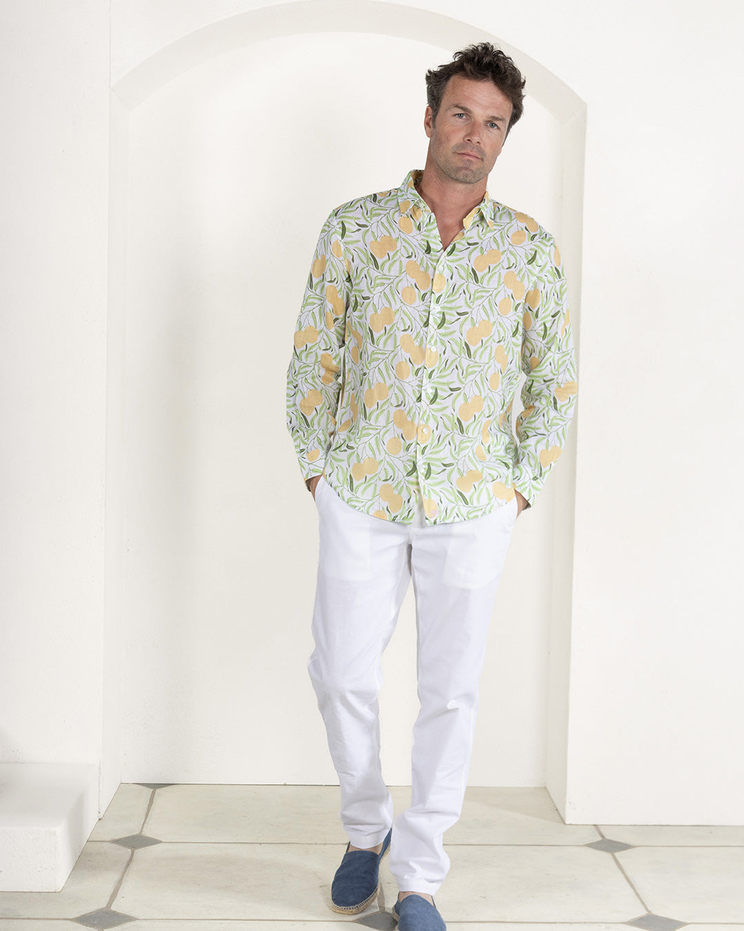 Men's pure linen shirt in green and yellow Mango print by Pink House