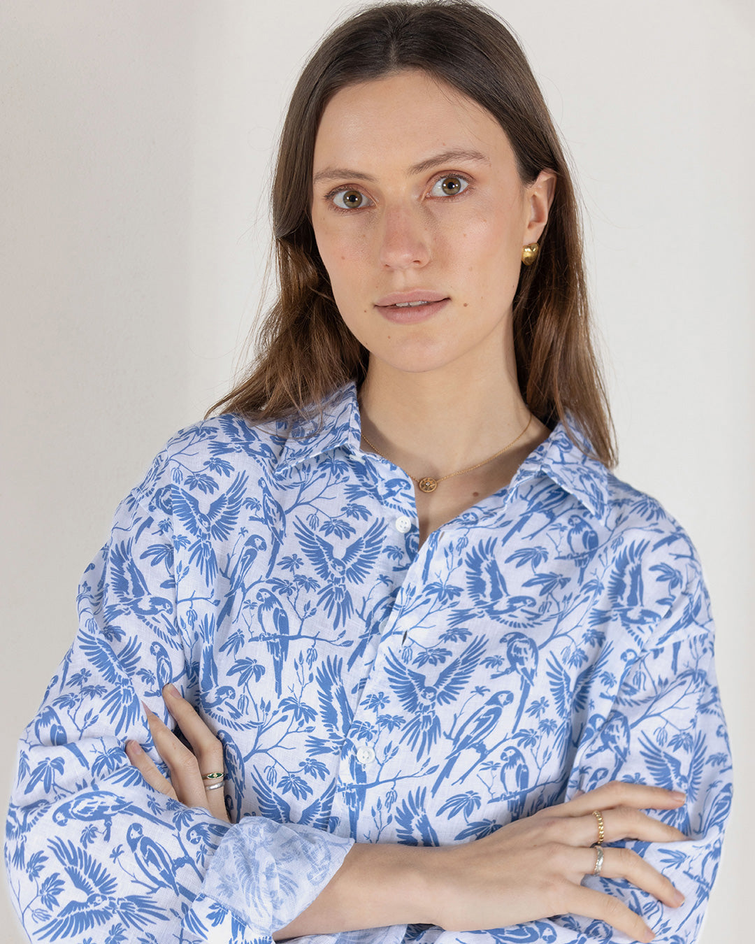 Pretty blue parrot print women's linen shirt cover up by designer Lotty B