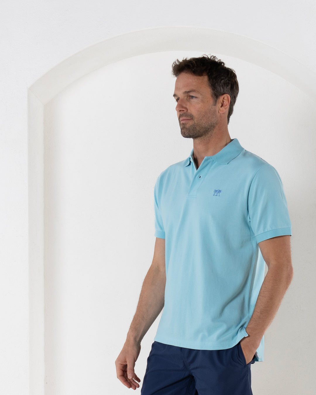 Mens pure cotton pale blue polo shirt tropical villa style