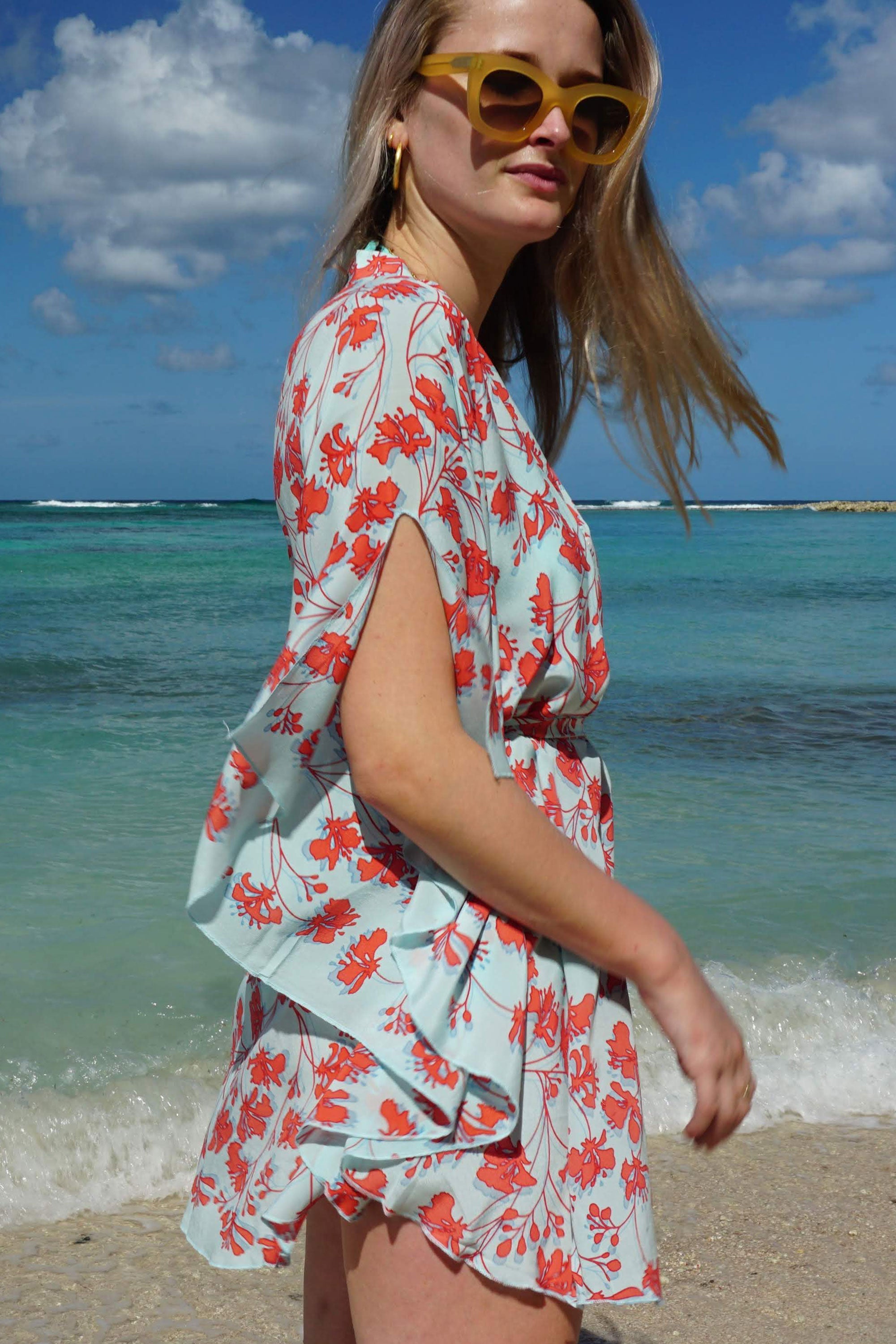 Silk Lotty Kaftan: FLAMBOYANT FLOWER - ORANGE short collared crepe de chine kaftan created by Lotty B Mustique vacation style