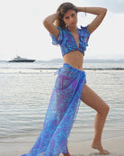 Holiday fashion silk cropped tie top in Protea violet & turquoise print by designer Lotty B Mustique