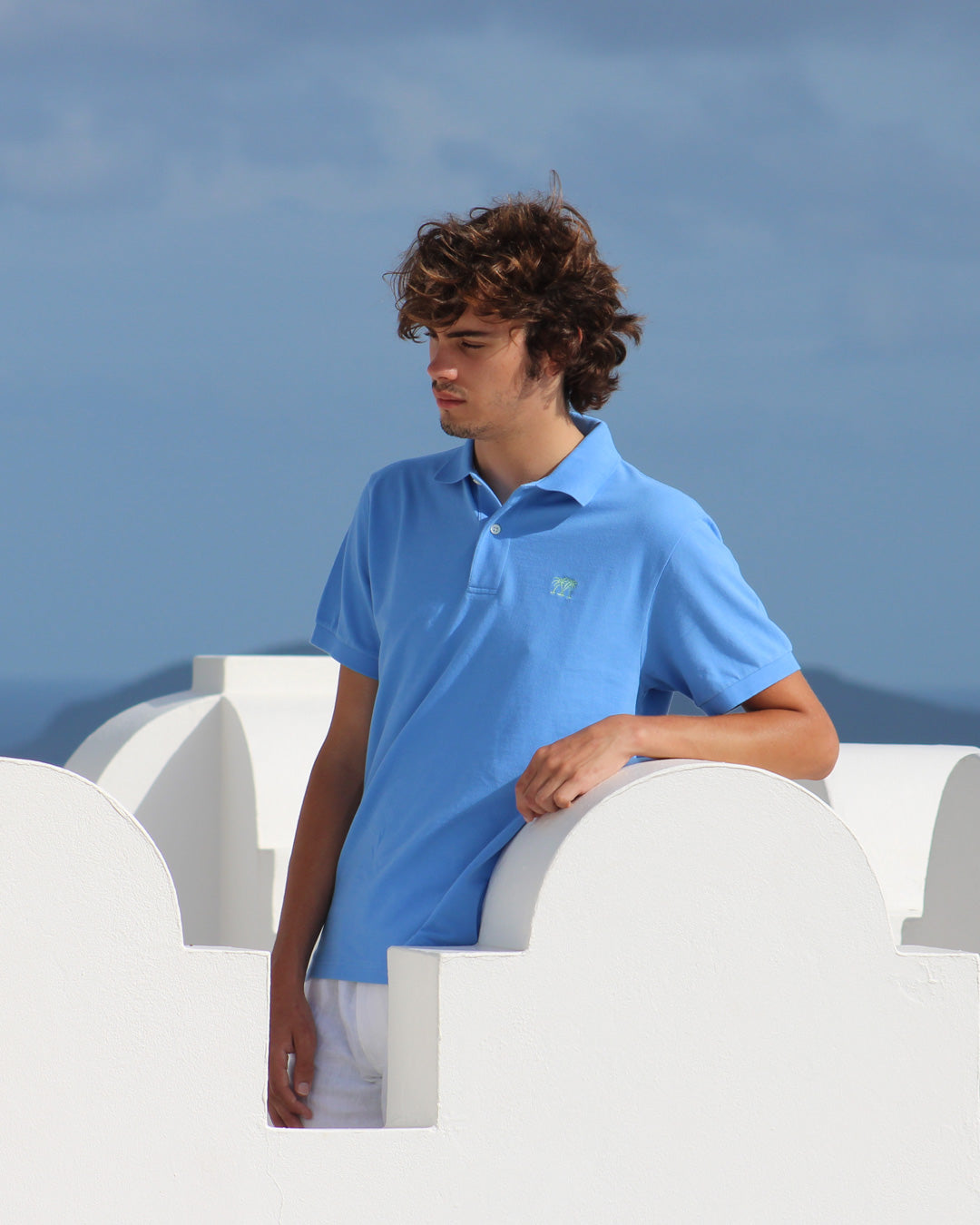 Mens pure cotton blue polo shirt Mustique island life