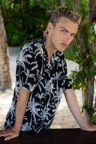 Lotty B boxy silk Hawaiian shirt in tropical plantation print in dusky white on black