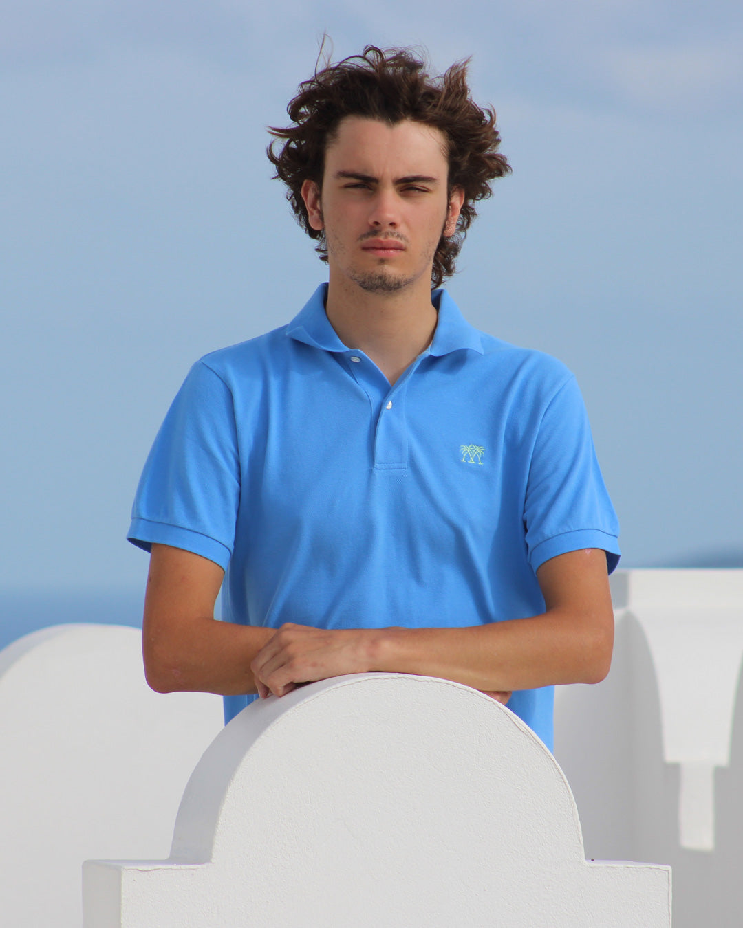 Mens pure cotton blue polo shirt vacation villa life