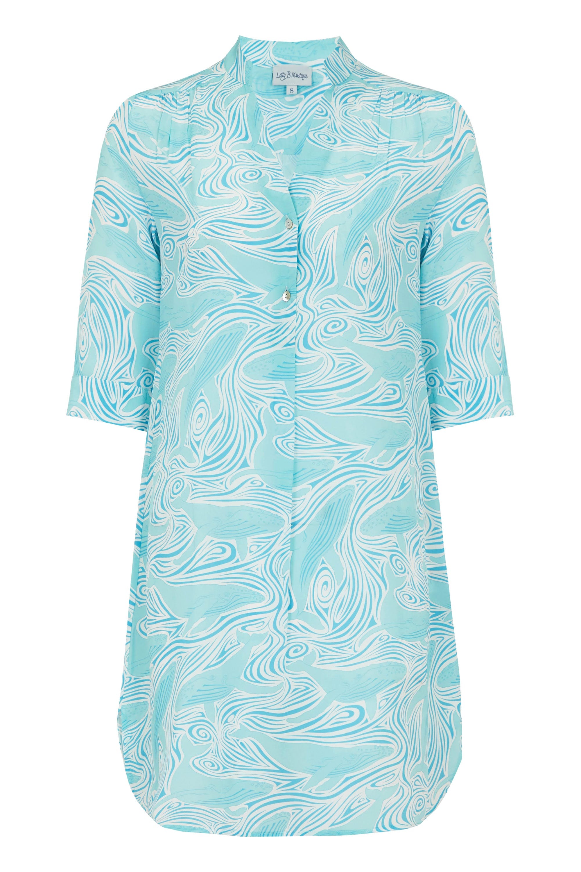 Silk Crepe Decima dress by Lotty B in Whale turquoise print. Mustique Designer Resort Wear