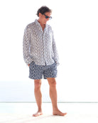 Mens Caribbean linen shirt in Fern Navy print by designer Lotty B