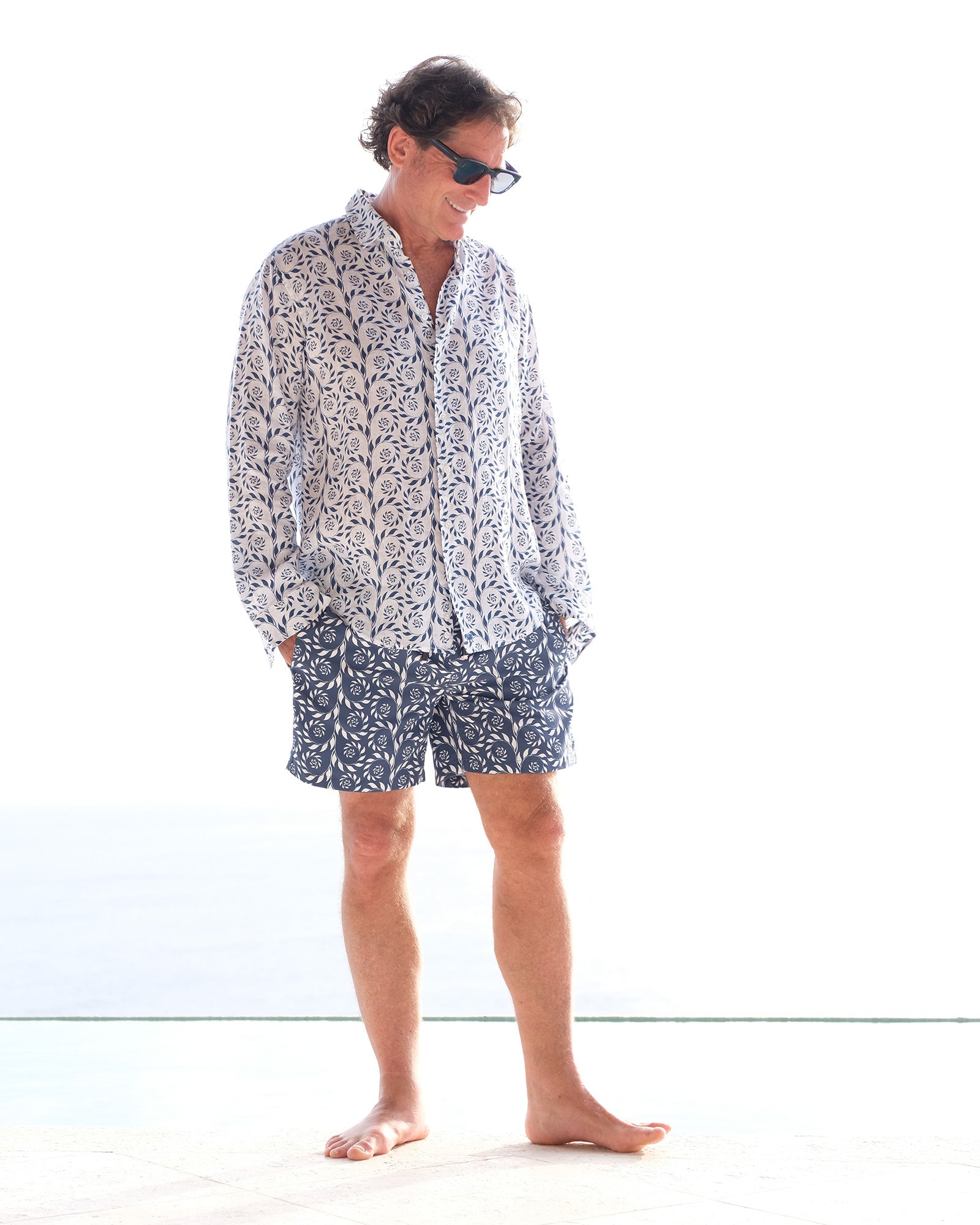 Mens Caribbean linen shirt in Fern Navy print by designer Lotty B