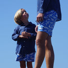 Teen swim shorts whale print blue by designer Lotty B Mustique