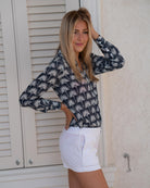 Womens Linen Shorts : CLASSIC WHITE worn with silk crepe-de-chine fan palm blouse designer Lotty B Mustique