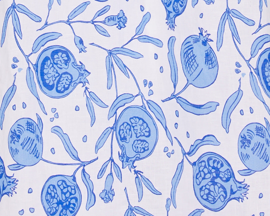 Pomegranate Blue Linen Fabric designed by British fashion & interiors designer Lotty B for Pink House Mustique