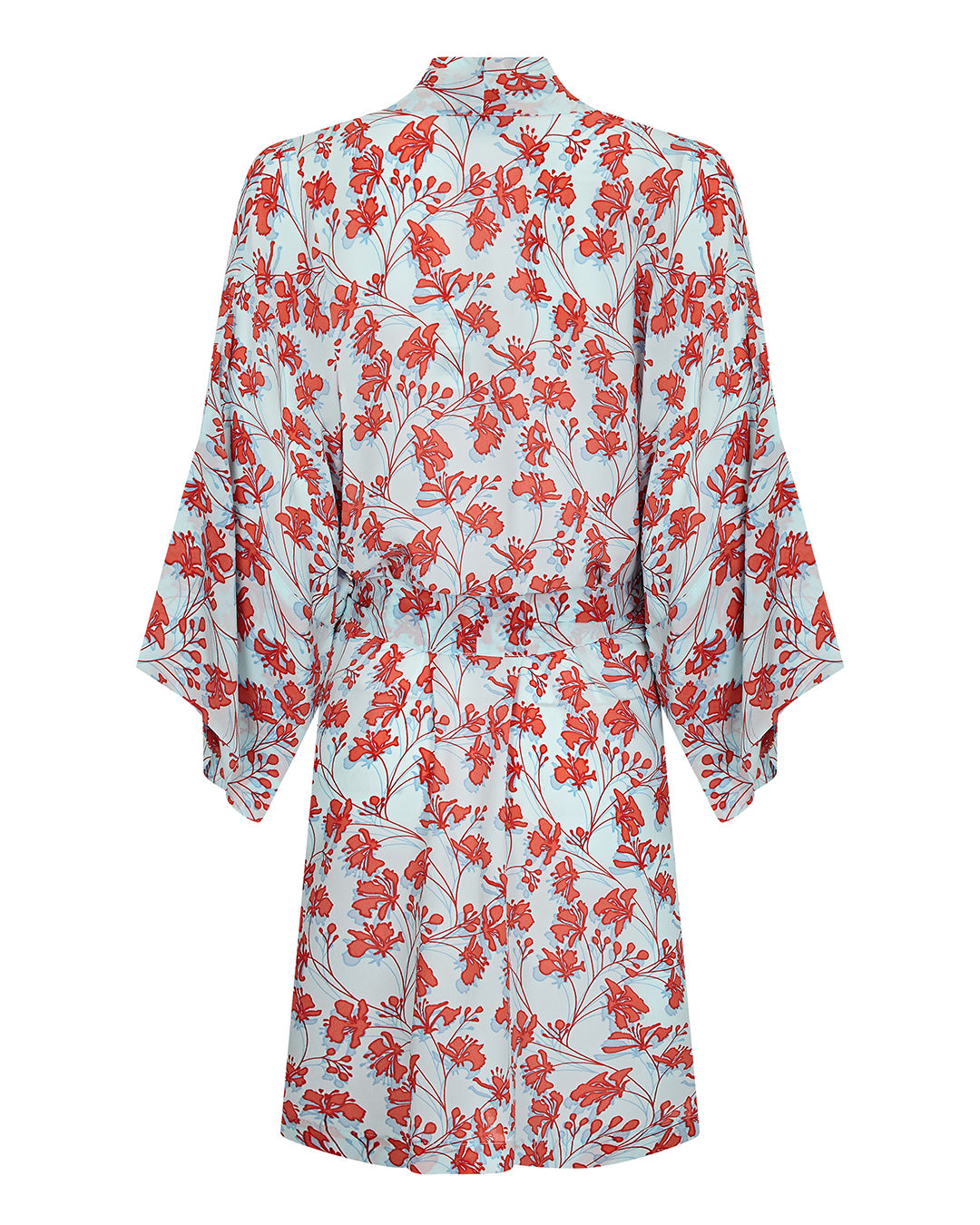 Bed to beach robe Flamboyant Flower orange aqua blue back designer Lotty B Mustique